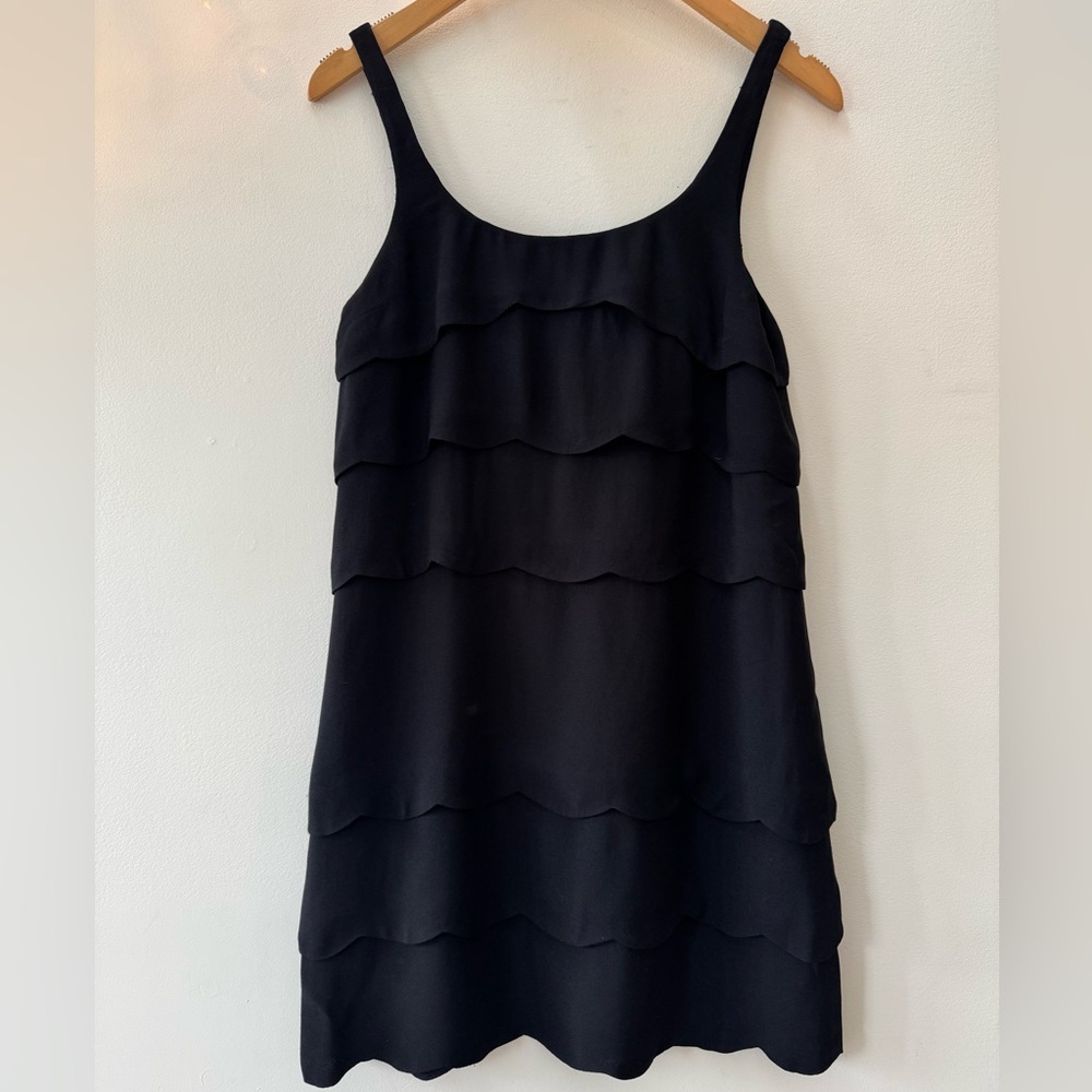 Sandro Black Sleeveless Party Dress Scalloped layered hem ruffles midi
